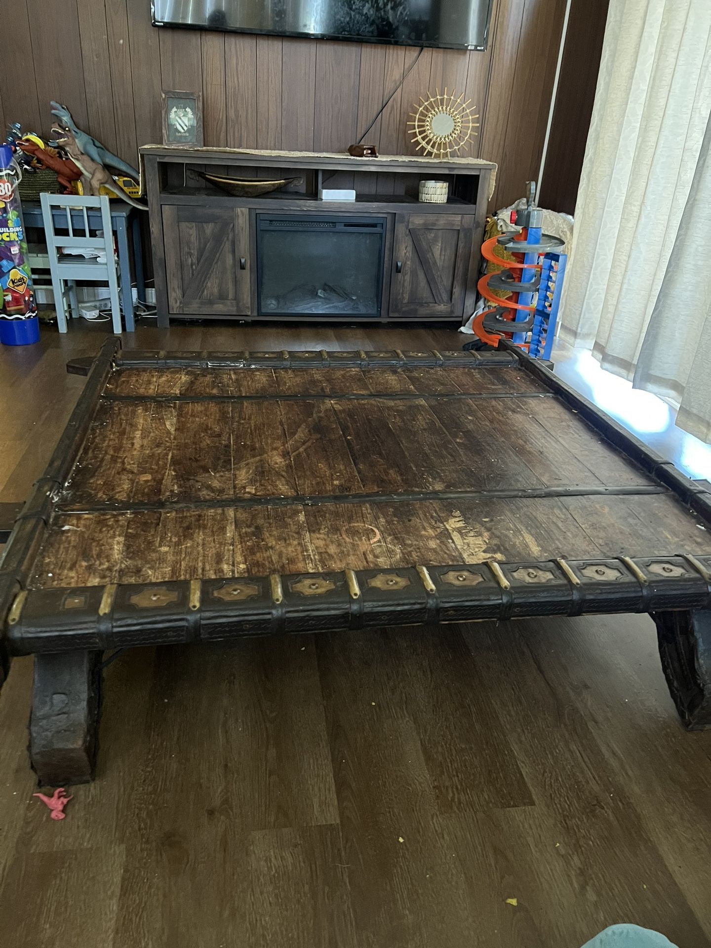 Rustic Antique Wooden Ox Cart With Metal Accents Coffee Table