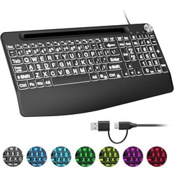 USB C(Type C)/USB A Wired Large Print Keyboard with Quiet Scissor Keys，7 Colored Backlits ，Phone Holder &Volume Knob and Wrist Rest, Full Size Keyboar