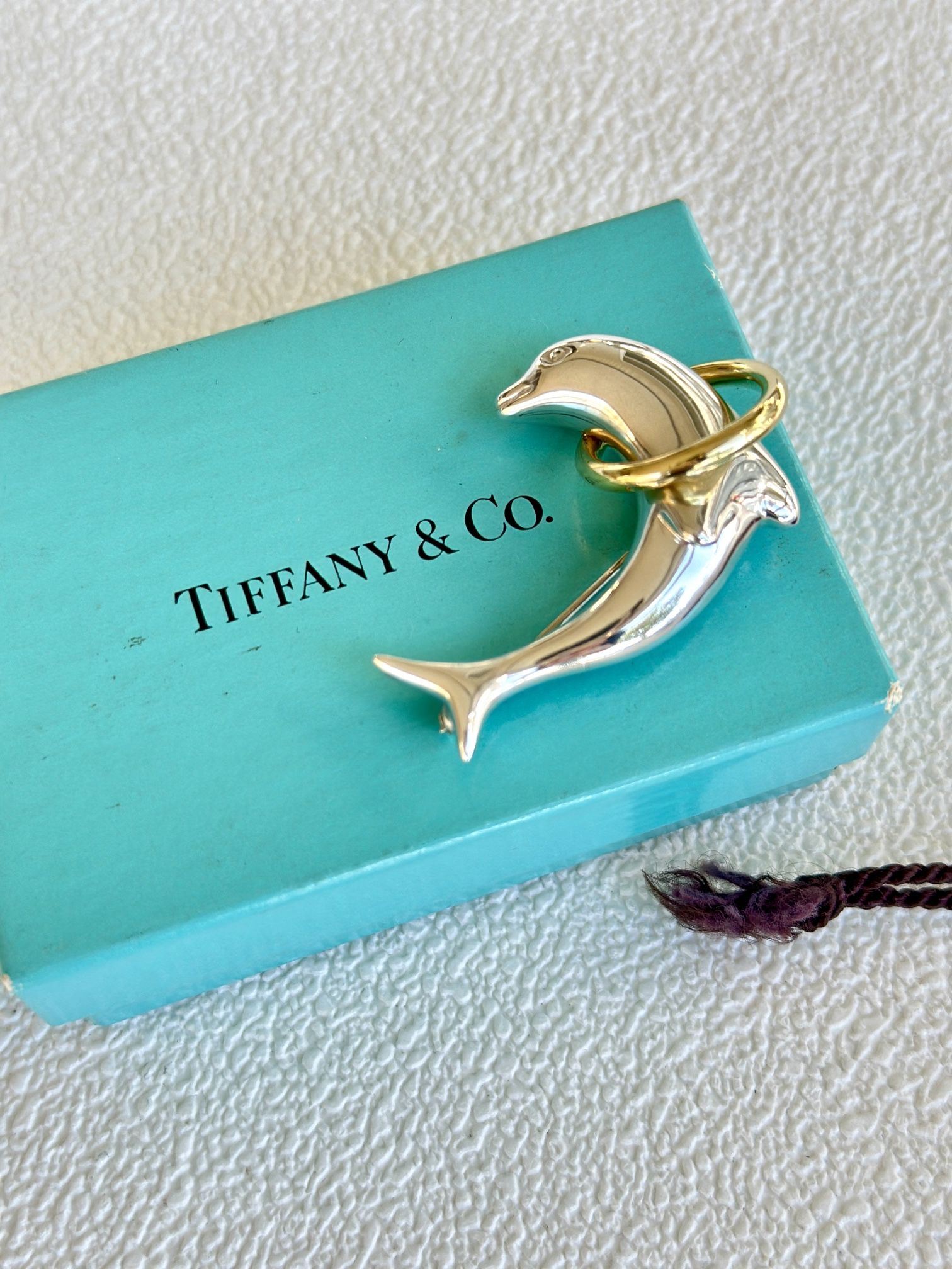 Authentic Rare Tiffany & Co. 18k Gold 925 Silver Dolphin Hoop Brooch Pin