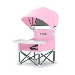 Cochildor 4-in-1 Portable Booster Seat with Tray, Removable Canopy & Carry Bag – for Indoor Outdoor Use, Ages 6-36 Months, Up to 37 lbs, Pink