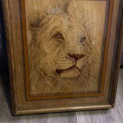 This vintage 1976 Dennis Curry lion art print is a wildlife piece produced by Lucid Lines Inc. and is featured on etched glass in a shadowbox frame. 