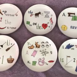 6 Vintage Rebus Plates by Taste Setter Collection  7 1/2” Picture Word Puzzles