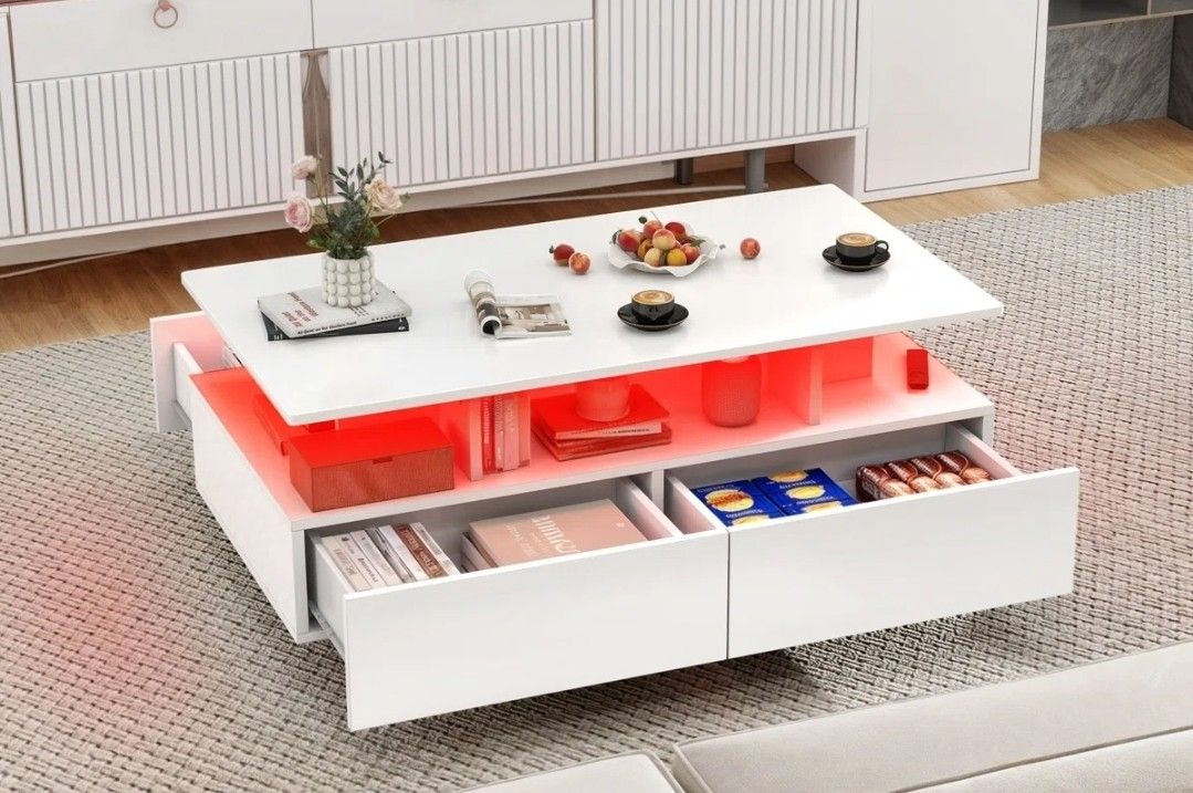 35.4" Modern High Glossy Rectangular Coffee Table with 4 drawers & LED Lights