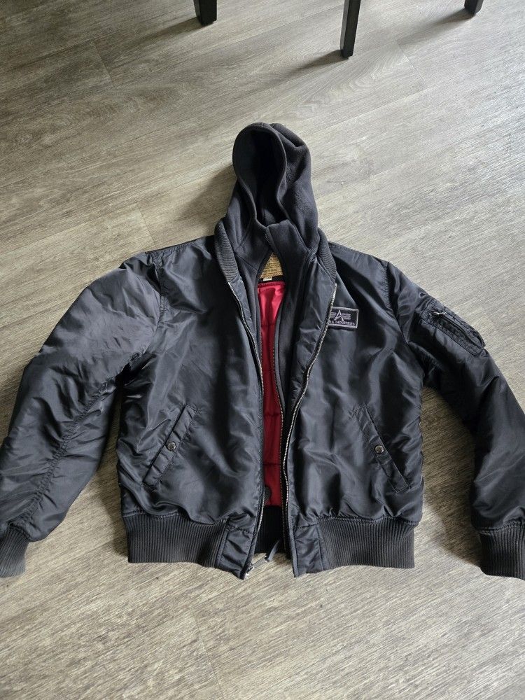ALPHA INDUSTRIES BOMBER JACKET MENS XL X LARGE MA 1 D TEC WITH ZIP HOODIE ALPHA FLIGHT AUTHENTIC ORIGINAL BLACK COLOR DIXXON VANS FILSON CARHART LA