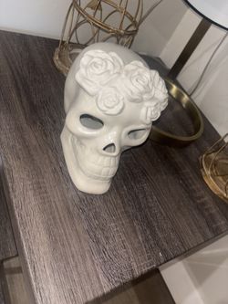 White Ceramic Skull Candle Holder – Floral Crown – Halloween Decor