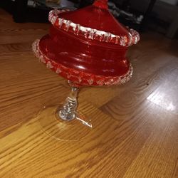 Vintage Murano Italian Art Glass Lidded Red Candy Compote dish Rigaree edge Rare