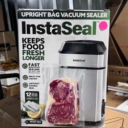 InstaSeal Vacuum Sealer for Food with 12 Bags, Preserves Foods 5x Longer, Space Saving Compact Upright Design Allows Machine to Seal Marinades, Soups,