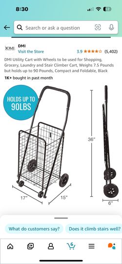 DMI Utility Cart with Wheels to be used for Shopping, Grocery, Laundry and Stair Climber Cart, Weighs 7.5 Pounds but holds up to 90 Pounds, Compact an
