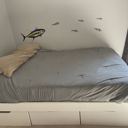 Beautiful White Bed With Bookcase Headboard And Under the bed Rolling Drawer Storage