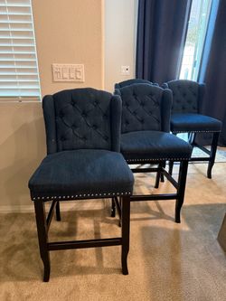 Set of 4 Tufted Navy Blue Bar Stools