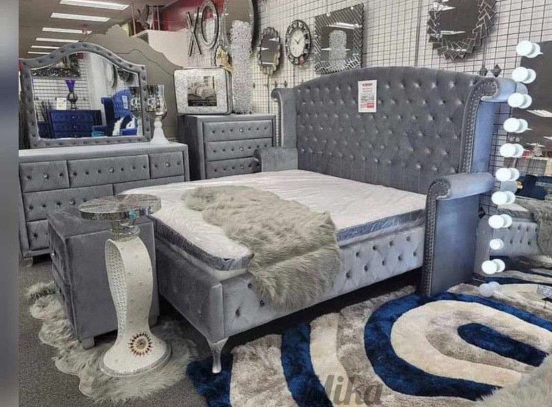 New Olivia Grey King Or Queen 4pc Bedroom Set With Dresser Mirror Nightstand Bed Frame Without Mattress Includes Free Delivery