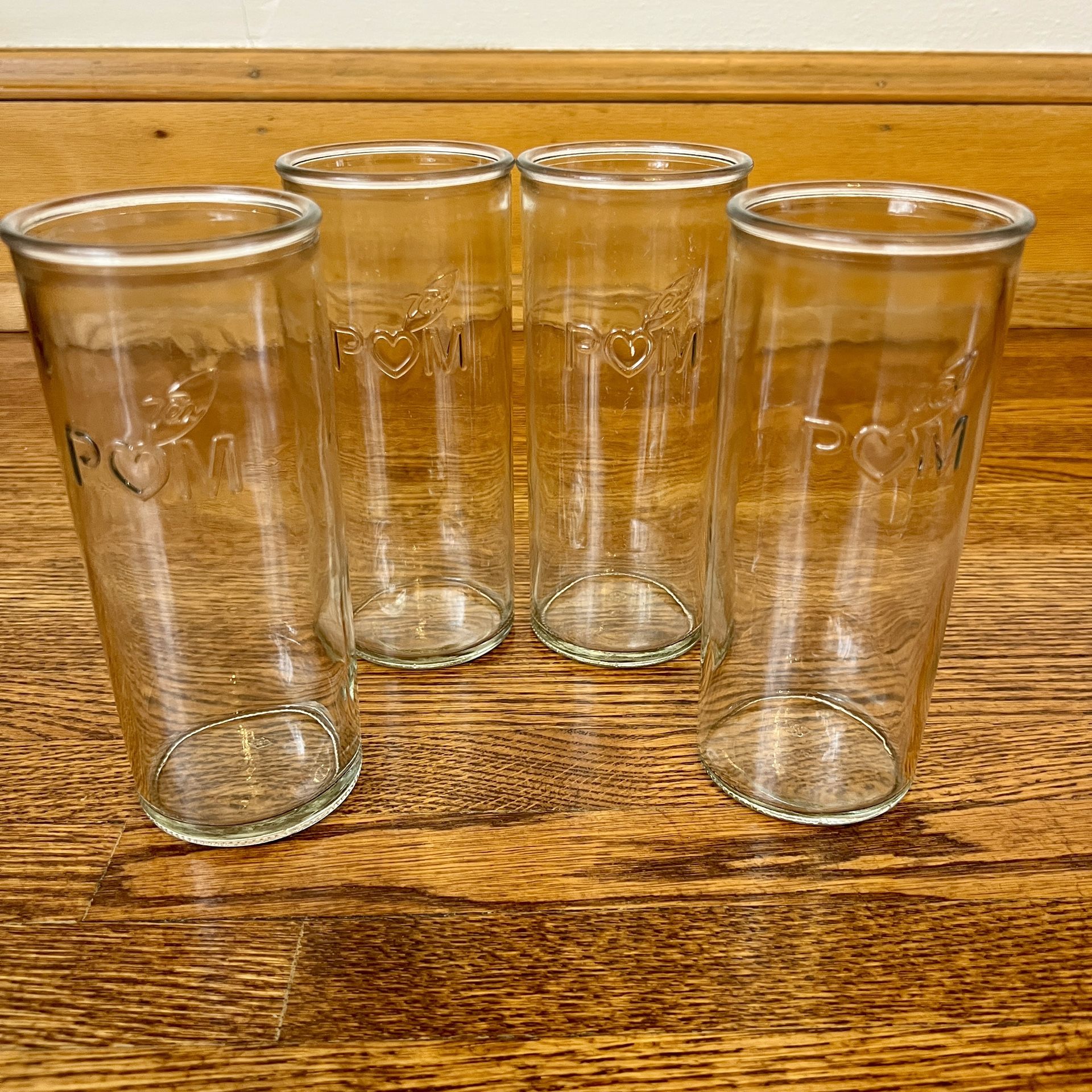 Vintage Pom Tea Glasses, 14oz size, Set of 4 with clear embossed Pom logo, Pomegranate Juice glasses, made in USA circa 2002