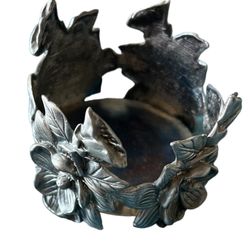 Magnolia Ring Candle Holder Sleeve  Pewter For 3" Round Pillar Candle GUC   This Magnolia Ring Candle Holder Sleeve is a beautiful addition to any roo