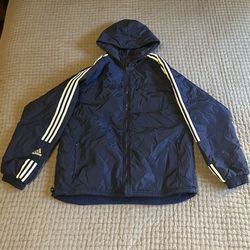 Vintage Adidas Mens Reversible Hooded Windbreaker, Dark Blue