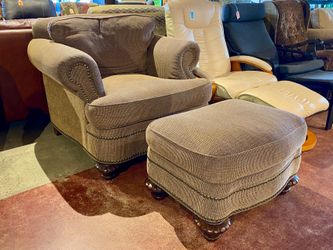 Shapely Brown Stud Trim Armchair & Ottoman
