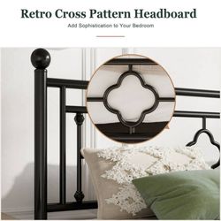 BIG SALE Queen Size Metal Platform Bed Frame with Vintage Cross Pattern Headboard&Footboard, Black