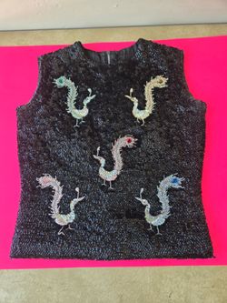 Vintage Black Sequin Bird Motif Sleeveless Top