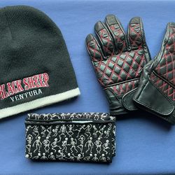 Motorcycle Apparel Black Leather Gloves Red Diamond Pattern Beanie Bandanna GUC