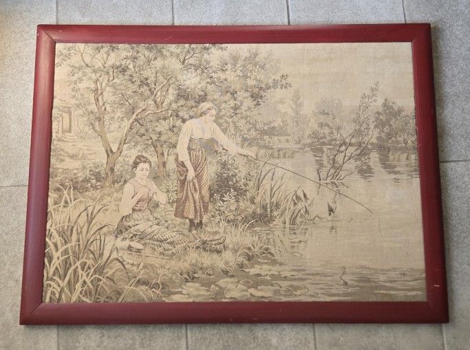 Woolen Mechanical Tapestry 2 Women Fishing Antique Framed Art 29x39