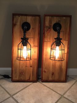 Lighted Wall Sconce Black Pipe Farmhouse Barn Reclaimed Wood Edison Bulb Switched Set of (2)