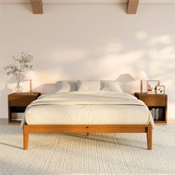 Queen size Japanese Joinery Platform Bed Frame, Mid-Century with Tall Headboard, Noise-Free Solid Bamboo Wood Sustainable, Sturdy Slat Support with He