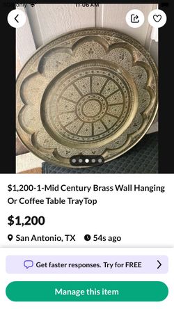 $1,200-1- Very Large Heavy Mid Century Brass Wall Hanging Or Coffee Table TrayTop and rack