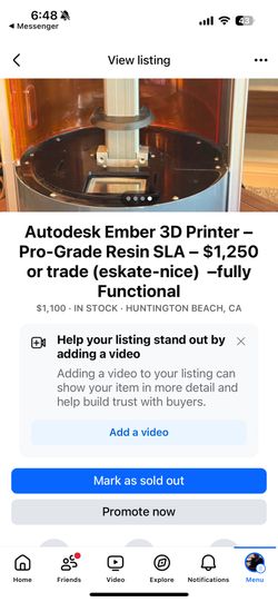 Autodesk Ember 3D Printer – Pro-Grade Resin SLA – $1,200 QUICK SALE – Fully Functional