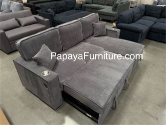 New! 89”L Reversible Gray Fabric Sectional Sofa Bed, Pullout Sleeper Grey Couch, Reversible Left Right Storage Chaise Small Living Room Space Saving