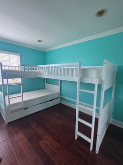 L-Shaped Triple Bunk Bed Frame with Storage Drawers – Solid White Wood