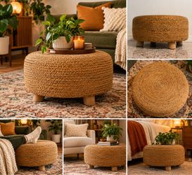 Round Woven Jute Ottoman / Footstool – Natural Boho Style