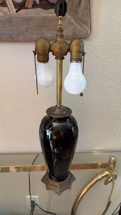 Antique 1920’s Art Deco Black Amethyst Table Lamp Neoclassical Double Pull-Chain Cluster