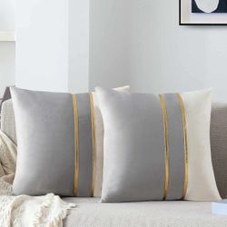 WACOMECO Velvet Throw Pillow Covers - Pack of 2 Soft Decorative Cushion Covers Cases with Gold Leather for Sofa Bedroom Livingroom Car, 18 x 18 in, Gr