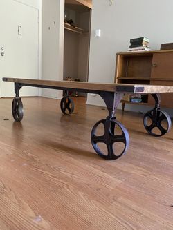 Industrial Cart Coffee Table With Cast Iron Wheels