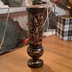 Hand Carved Black Wooden Vase W/Scroll Flower Design From Grand Turk