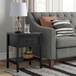 Warwick End Table with Drawer Black - Threshold: Rattan Mesh, Storage Shelf, Living Room Furniture