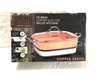 Brand new in the box 15” copper electric skillet with base. Retails for $84.