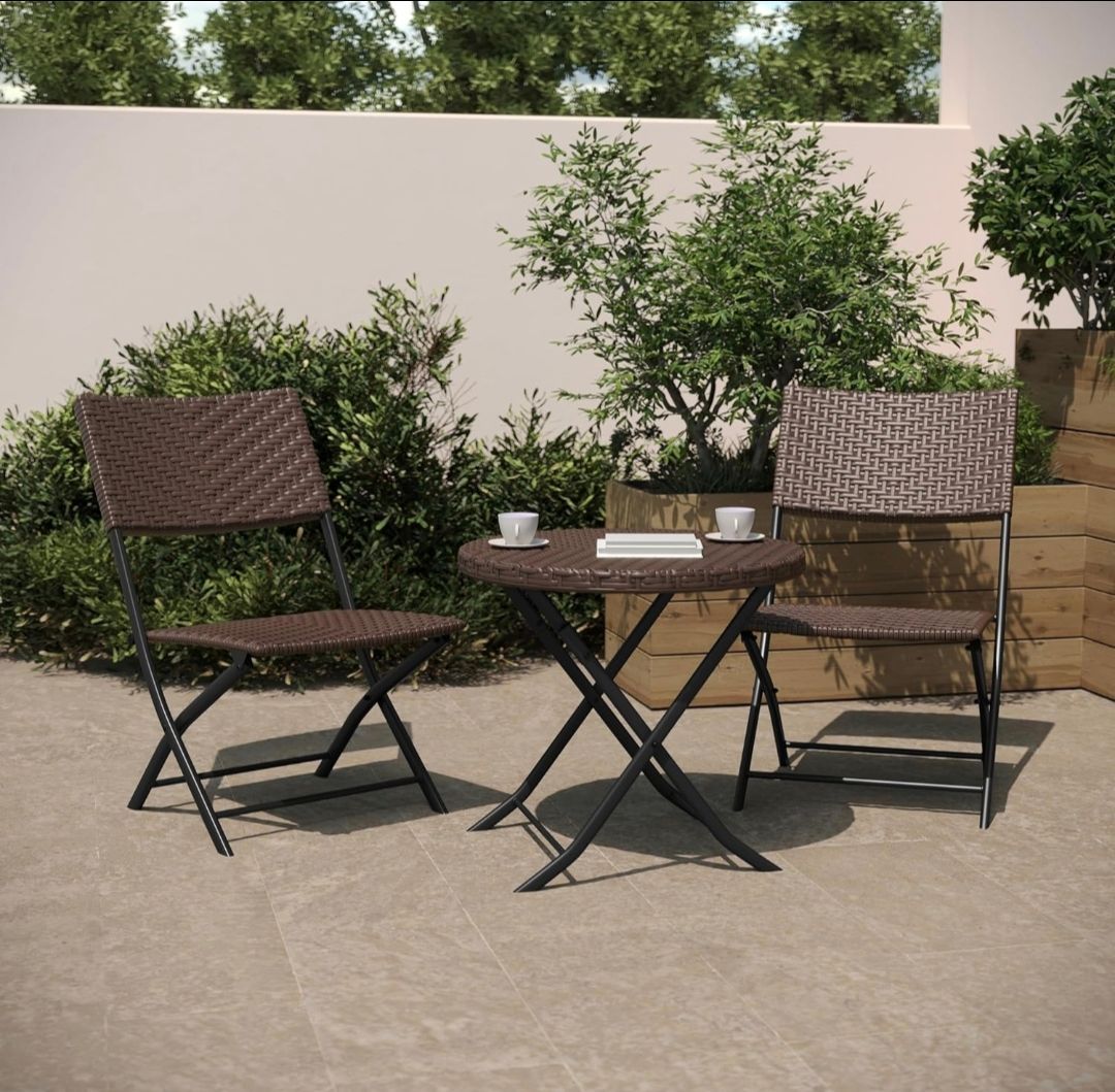 3 Pieces Folding Bistro Set PE Wicker Rattan Outdoor Patio Furniture Sets with Foldable Round Table and Chairs Perfect for Cafe Bar Garden Backyard Ba