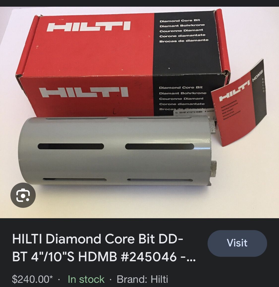 Hilti Diamond Core Bit. 10”/4”