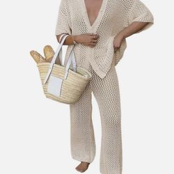  mulily Women’s set size medium like new Cream crochet set with wide leg pants and matching top #crochet l