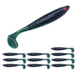 5" Dark Green Paddle Tail Swimbaits 10pcs Soft Plastic Fishing Lures with Spiral Ribbed Body,