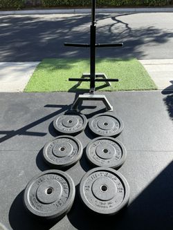 45, 25, 15 Lbs Bumper Plates Plus Weight Tree
