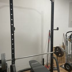 Squat Rack, Bench, and Weight Set