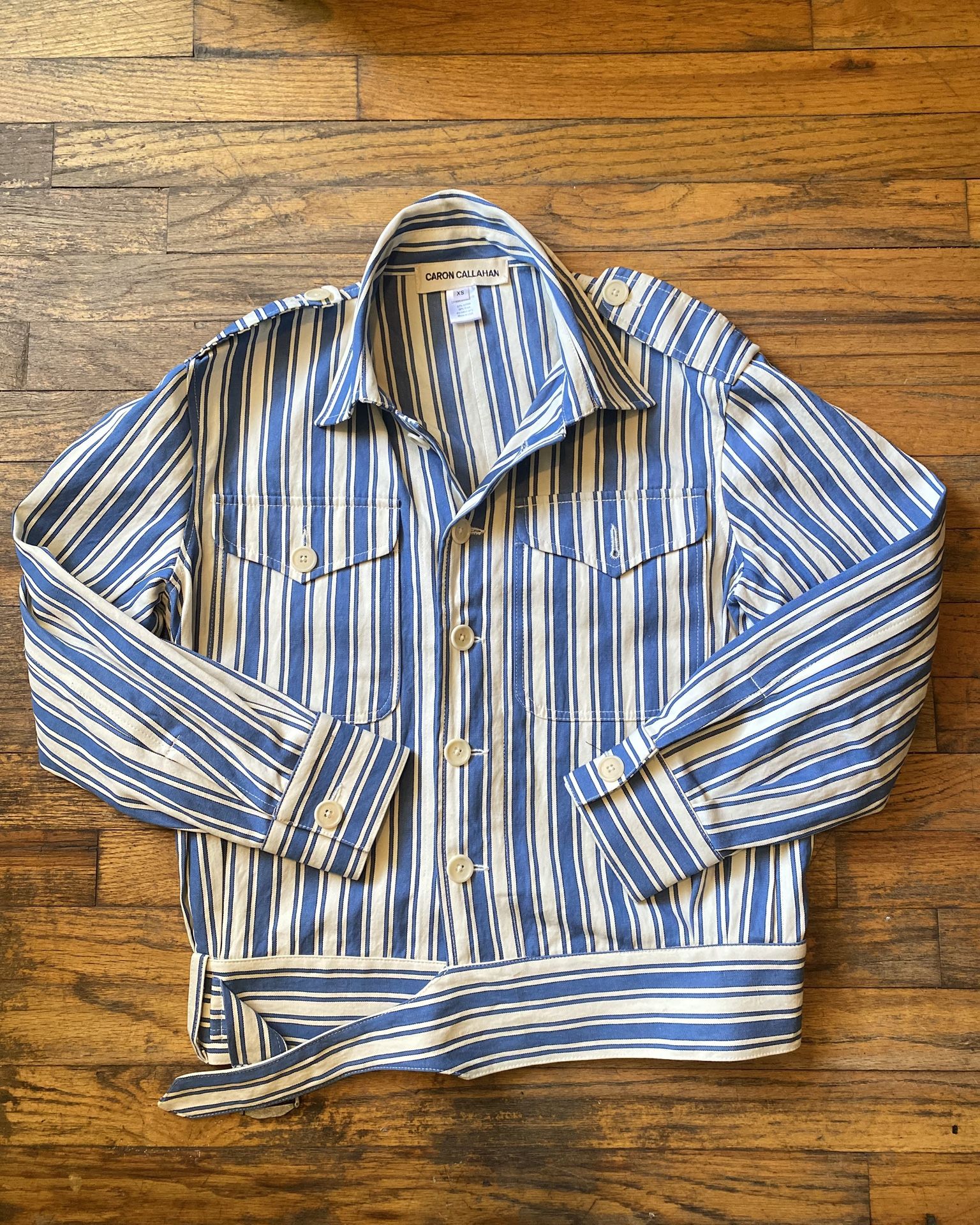 Caron Callahan blue white striped Mateo denim jacket Size XSmall
