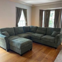 New Corduroy Sectional.  Green, Grey, Beige.  99” X 99”.  Free Delivery!