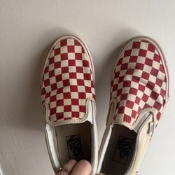 Red and White Checkerboard Slip On Vans 