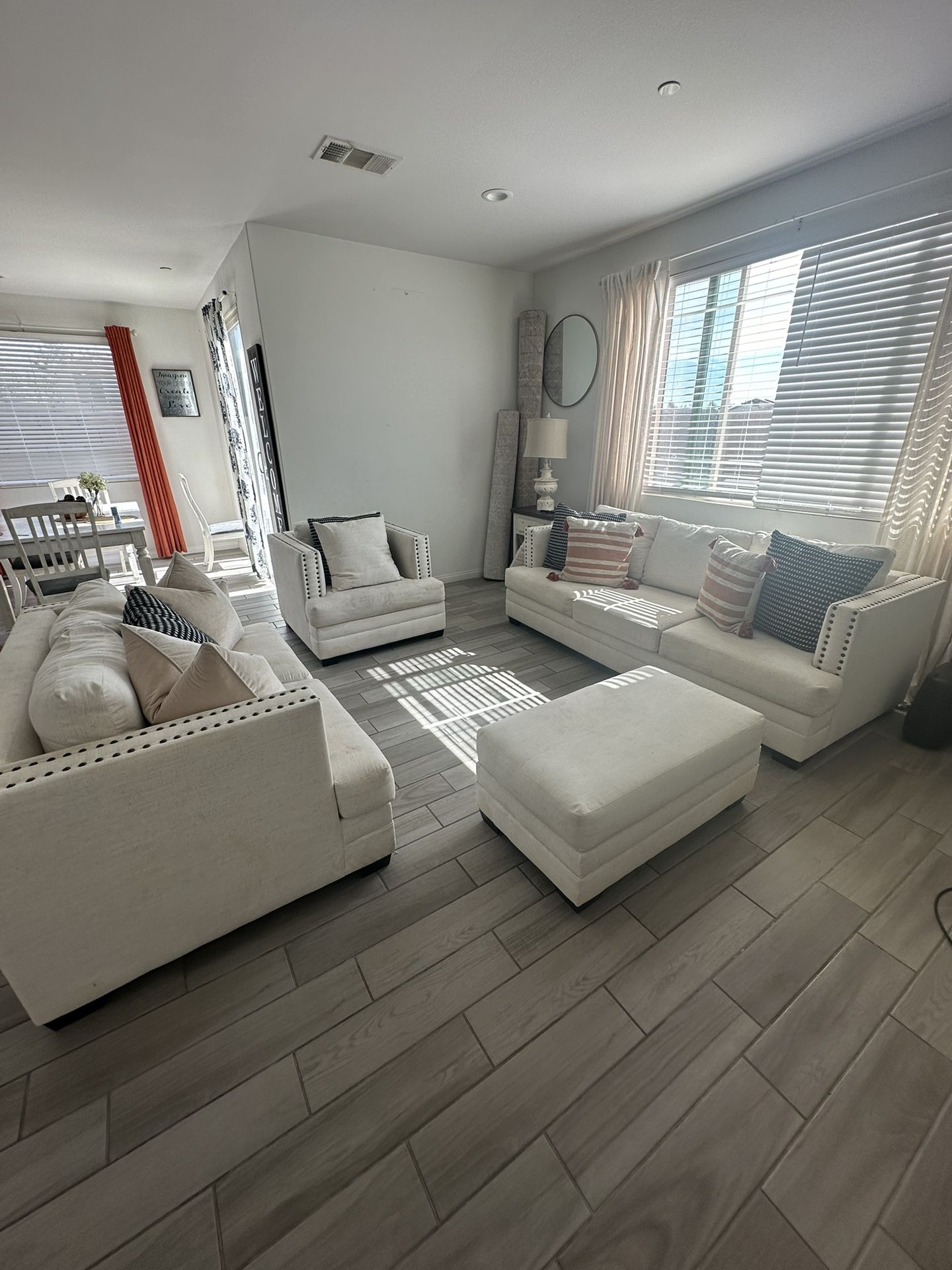 Linen Studded 4 Piece Living Room Set Sofa Loveseat Arm Chair Ottoman