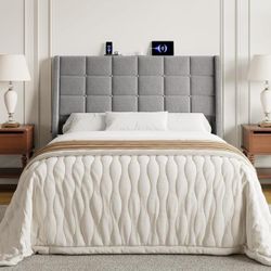 Headboard  Full w/Charging Station, Linen Wingback Headboards w/Storage Pocket, Full Headboard Only, Bed Frame Adapters, Sturdy Solid Wood Bed Hea