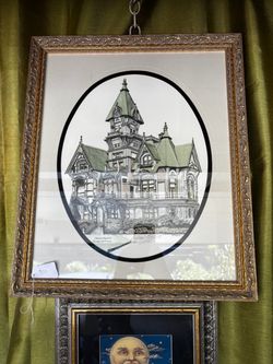 Vintage gold ornate framed signed numbered print of Carson mansion Eureka, California haunted house