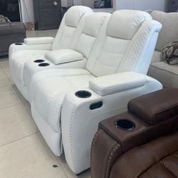 Party Time Power White Reclining Loveseat with Console