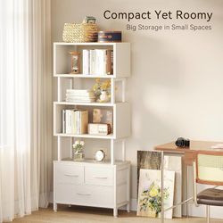 7 Tier Bookshelf, Tall Geometric Bookcase with Fabric Drawers, Modern Display Book Shelves Book Case for Living Room Bedroom, Wood Decorativ